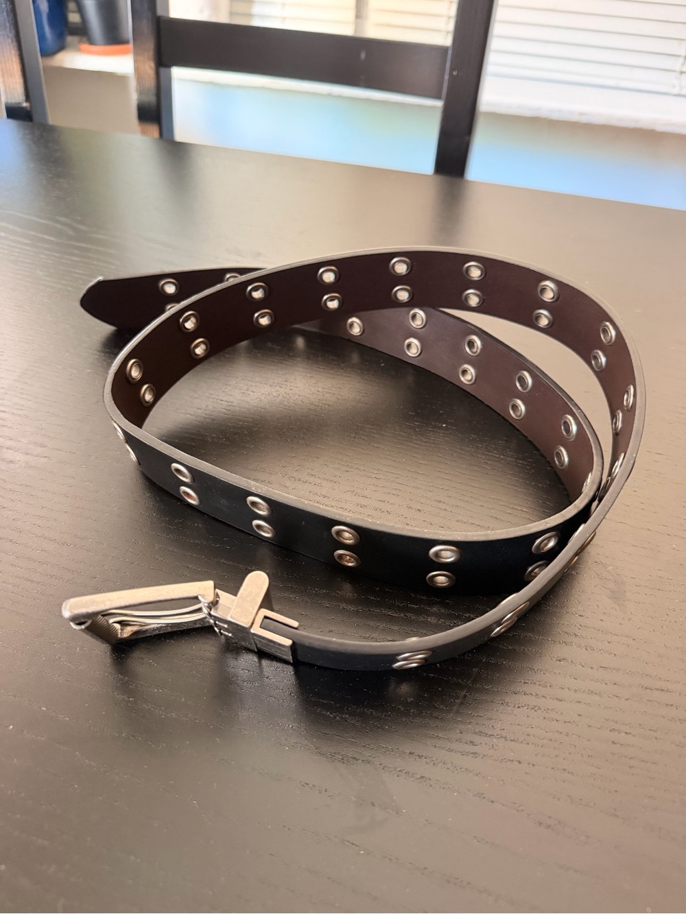 Black genuine Leather Double-Row Grommet Belt